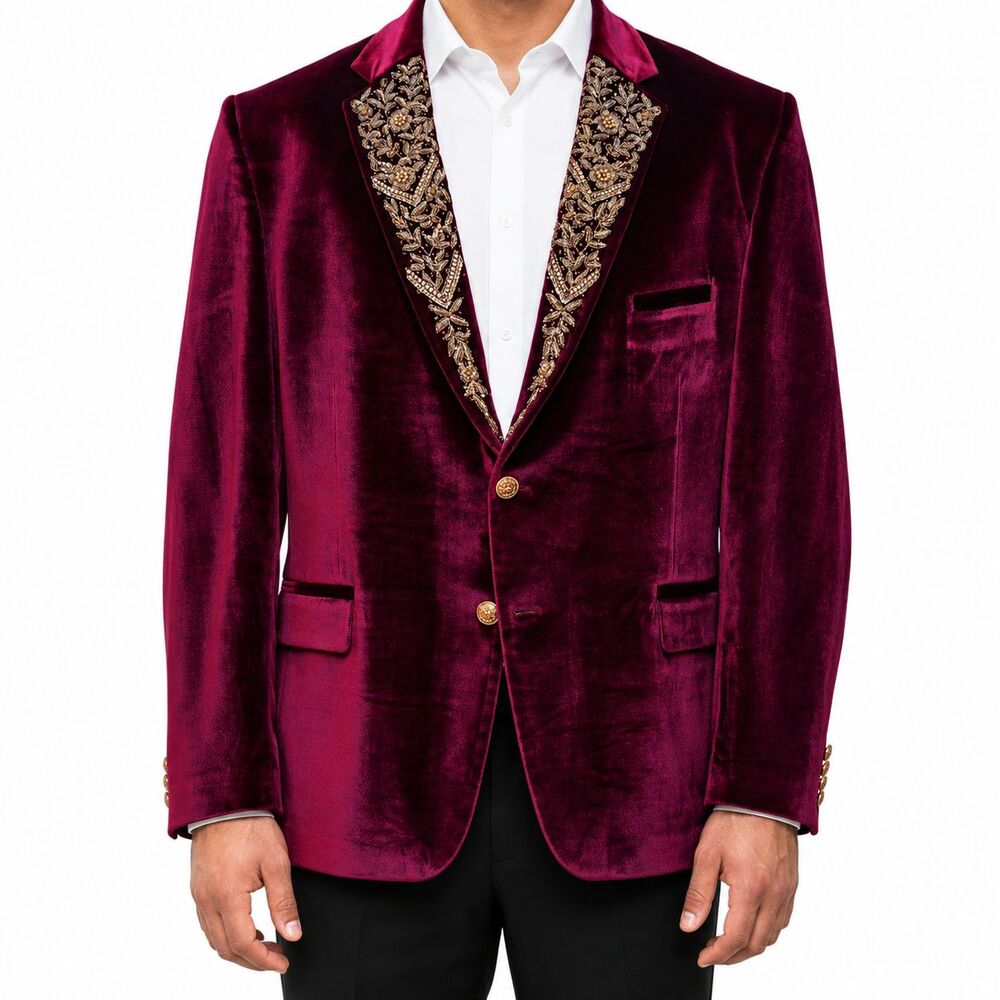 Mens 46R Burgundy Velvet Blazer Hand Embroidered Beaded Floral Wedding Tuxedo